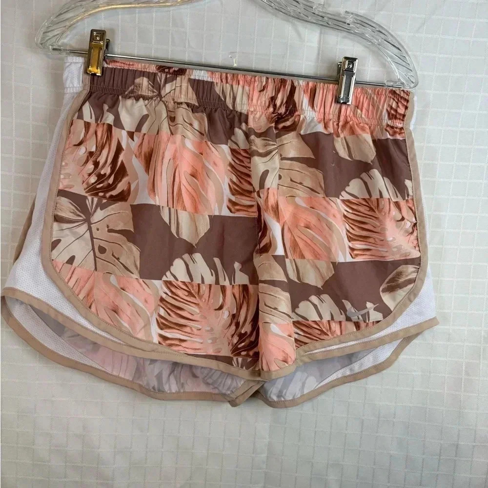 Nike Tempo Leaf  Pink Brown Tropical Print Running Shorts Dri-Fit Women's Sz L